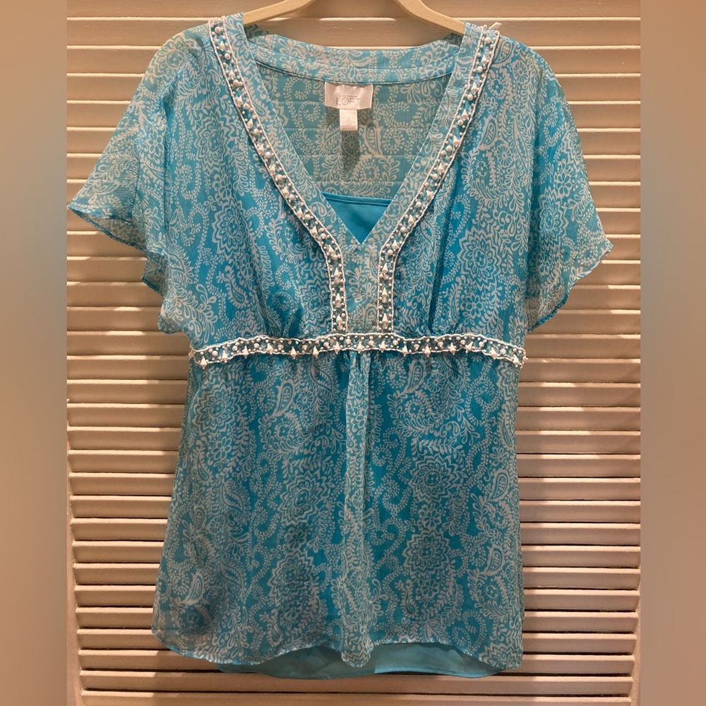 LOFT Turquoise Paisley Sheer V-Neck Blouse with Beaded Trim